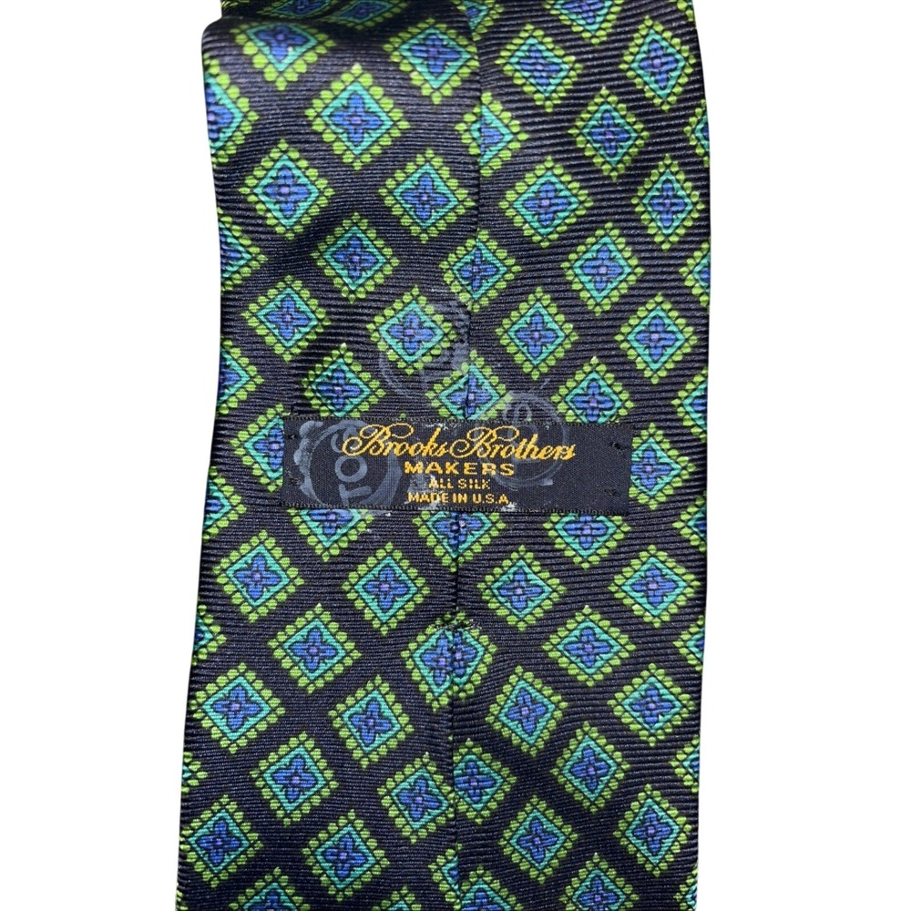 Brooks Brothers Makers Silk Tie Navy‎ Green Blue Geometric Diamond Medallion USA